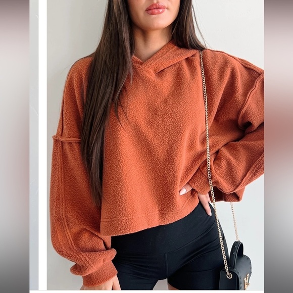 Double Zero Tops - Double Zero Sherpa Fleece Hoodie Baked Clay Long Sleeves Womens Slash Size M/L